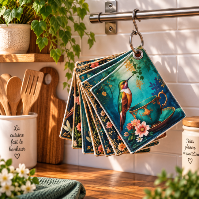 Lot de 6 essuie-tout lavables – Colibri et tasse fleurie | Les Cabas en folie Lot de 6 essuie-tout lavables Colibri et fleurs, 20x20 cm, suspendus dans une cuisine avec anneau ouvrable