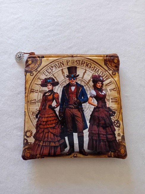 Trousse Steampunk à motifs vintage en coton imprimé et suédine marron
