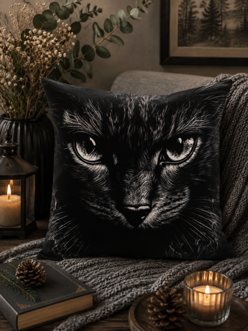 Housse de coussin Chat noir et blanc en velours imprimé 45 × 45 cm