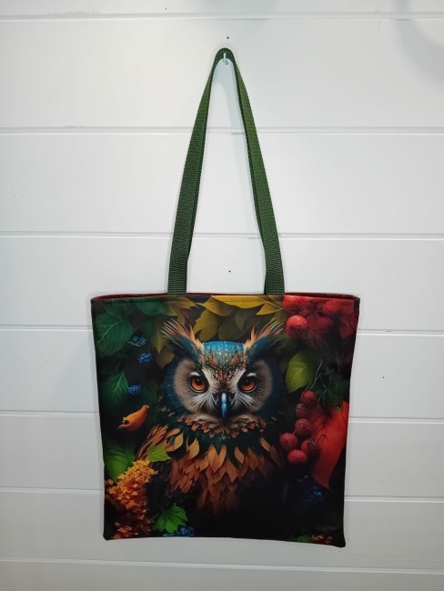 Tote bag artisanal Hibou, motif hibou et feuillages, création artisanale dans les Vosges