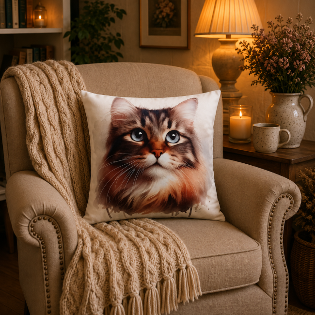 Housse de coussin Portrait de chat en velours imprimé 45 × 45 cm