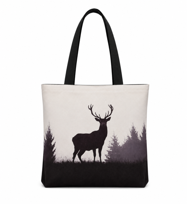 Cabas « Esprit sauvage » – Sac cabas artisanal | Les Cabas en folie Cabas artisanal « Esprit sauvage » avec motif cerf au cœur d’une forêt de sapins