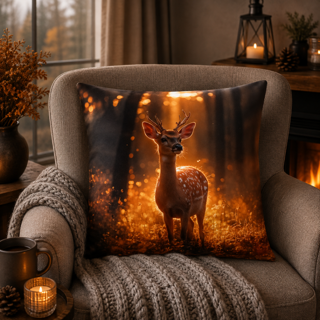 Housse de coussin Chevreuil en forêt automnale en velours 45×45 | Les Cabas en folie Housse de coussin Chevreuil en forêt automnale en velours imprimé 45 × 45 cm