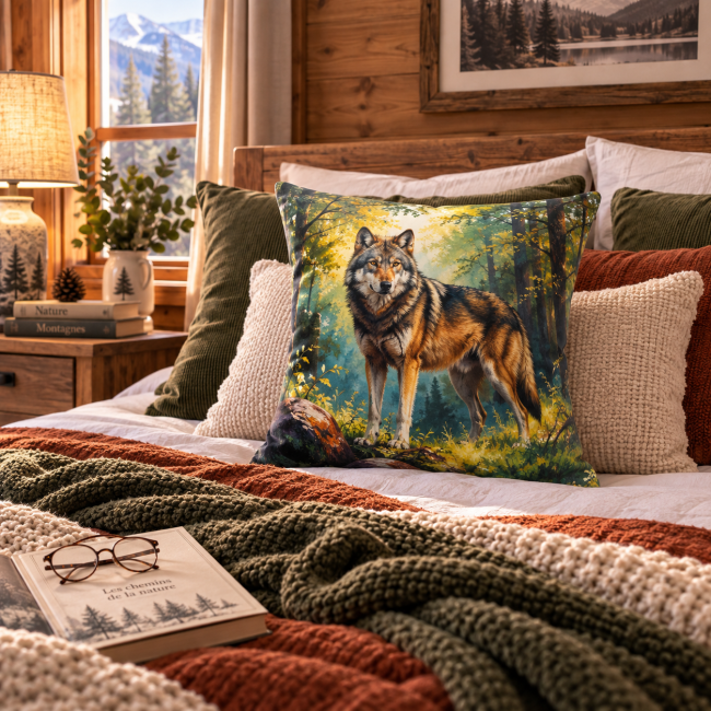 Housse de Coussin Loup Aquarelle | Déco Chalet Vosges Housse de coussin Loup en velours 45x45 cm, mise en scène sur un lit dans une décoration chalet