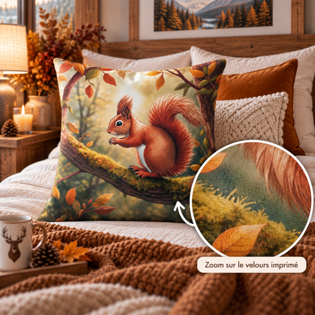 Zoom sur le velours imprimé de la housse de coussin Écureuil d’automne