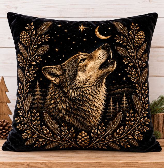 Housse de coussin Loup hurlant en velours 45x45 cm | Déco Montagne Housse de coussin loup hurlant en velours 45x45 cm