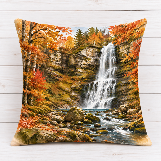 Housse de coussin velours imprimé Cascade des Vosges en automne 45x45 cm confectionnée à Gérardmer
