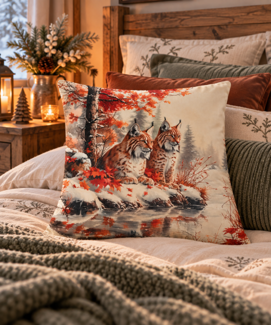 Housse de Coussin Lynx dans la Neige 45x45 cm | Déco Chalet et montagne Housse de coussin Lynx dans la Neige en velours 45x45 cm, deux lynx dans un paysage enneigé, décoration de chambre hivernale chaleureuse et cocooning.