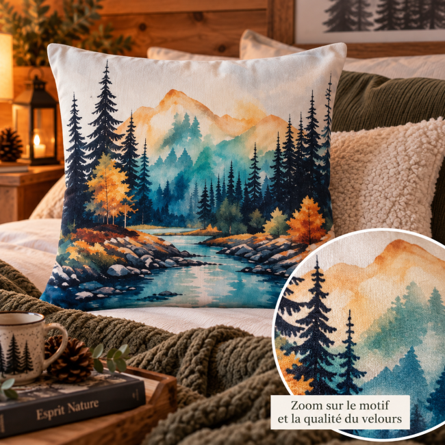 Zoom sur le velours imprimé de la housse de coussin Sapins 45x45 cm