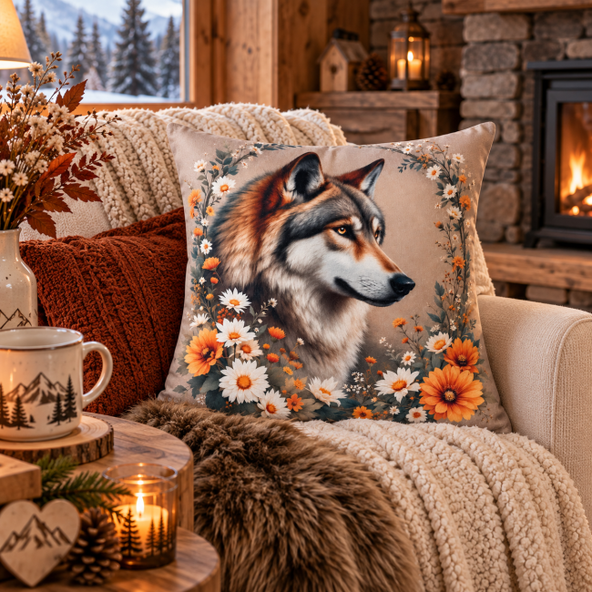 Housse Coussin Loup Velours 45x45 | Déco montagne Vosges Housse de coussin Loup et fleurs en velours dans une décoration chalet cocooning