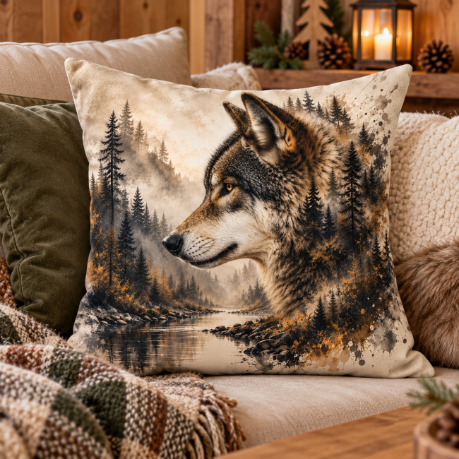 Housse de coussin Loup sauvage en velours, mise en scène sur un canapé dans une ambiance chalet.