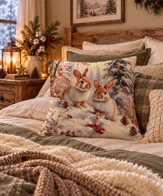 Housse Coussin Lapins de la Forêt Velours 45x45 | Déco Chalet & montagne Housse de coussin Lapins de la Forêt en velours, deux lapins dans la neige sur un lit à la décoration hivernale aux tons crème et naturels.