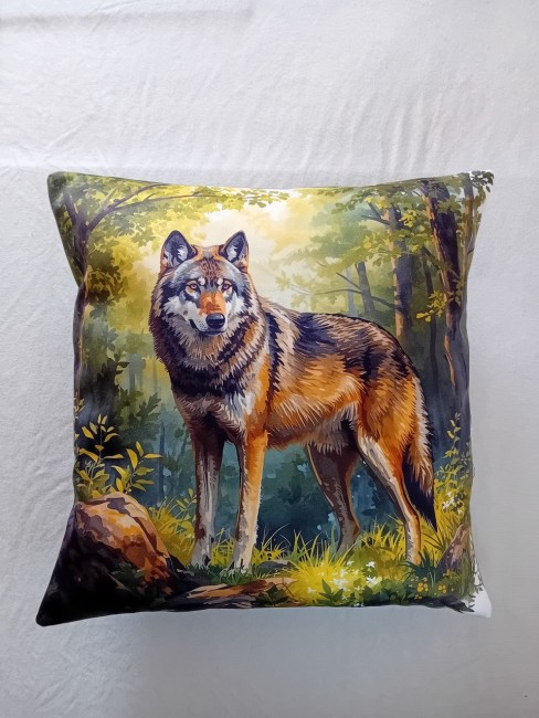 Housse de coussin en velours motif loup sauvage aquarelle fait main