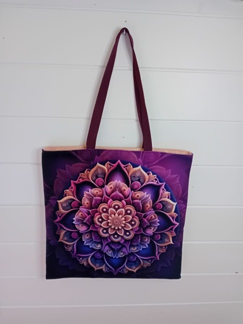 Tote bag Mandala violet en velours avec anses prune et suédine sable – Les Cabas en folie