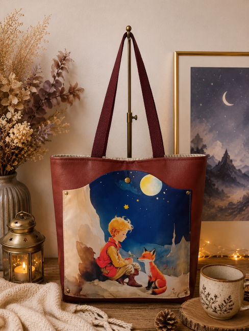 Cabas artisanal « Rencontre sous les étoiles » avec illustration d’un enfant et d’un renard sous les étoiles