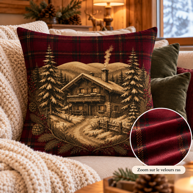 Housse Coussin Chalet enneigé Tartan Bordeaux Velours 45x45 | Déco Montagne Détail du velours imprimé de la housse de coussin Chalet Enneigé sur Fond Tartan, motif chalet et tartan bordeaux