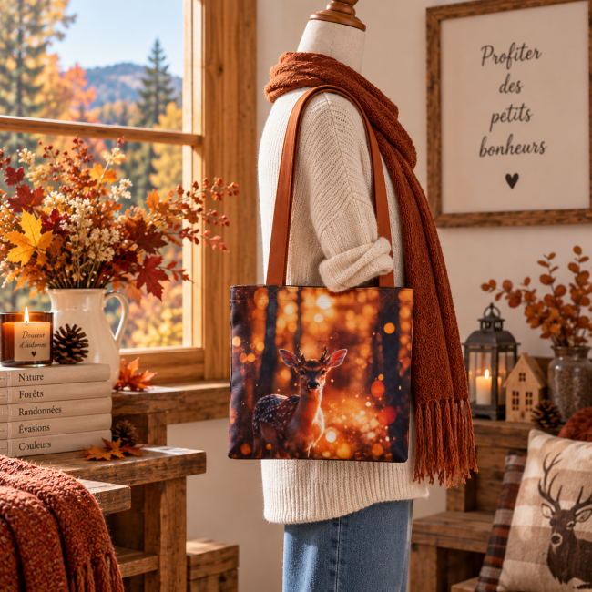 Tote bag faon d’automne porté par un mannequin