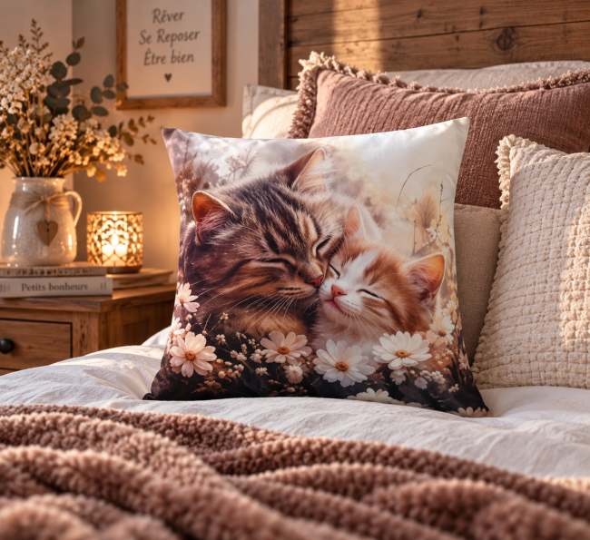 Housse de coussin Câlin de chat en velours 45x45 cm, mise en scène sur un lit dans une décoration douce et cocooning