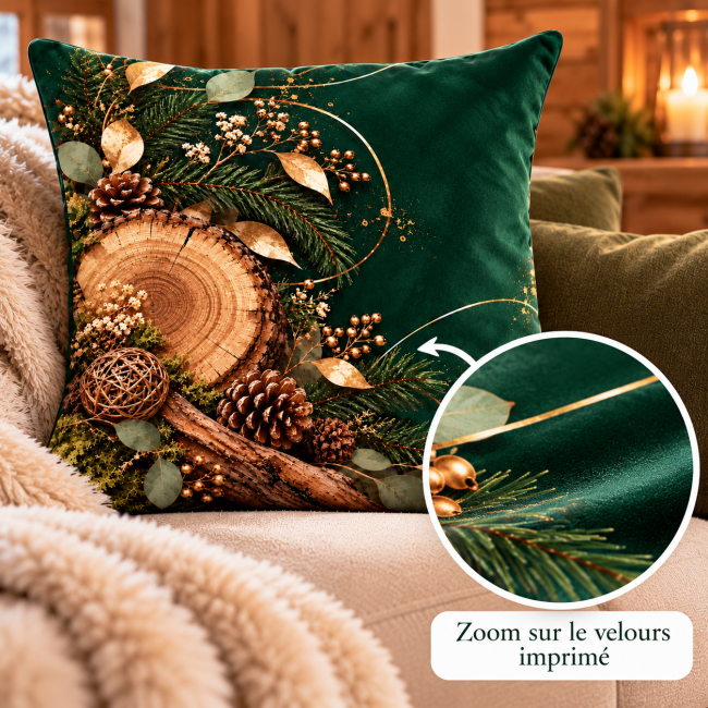 Zoom sur le velours imprimé de la housse de coussin Bois et Sapin, mettant en valeur la finesse du motif et les détails décoratifs.
