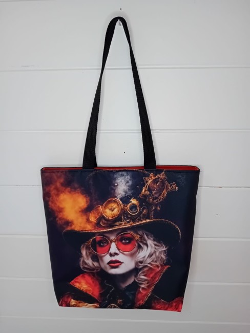 Cabas femme Steampunk avec imprimé original, suédine noire et anses noires