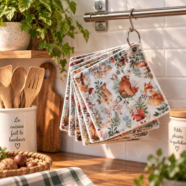 Lot de 6 essuie-tout lavables – Animaux de la forêt | Les Cabas en folie Lot de 6 essuie-tout lavables Animaux de la forêt, 20x20 cm, suspendus dans une cuisine avec anneau ouvrable