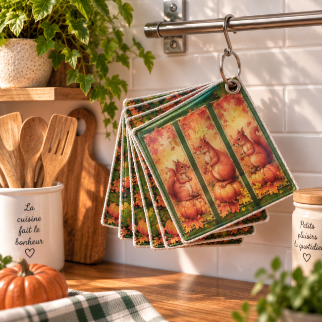 Lot de 6 essuie-tout lavables Écureuils, citrouilles et feuilles d’automne, 20x20 cm, suspendus dans une cuisine avec anneau ouvrable