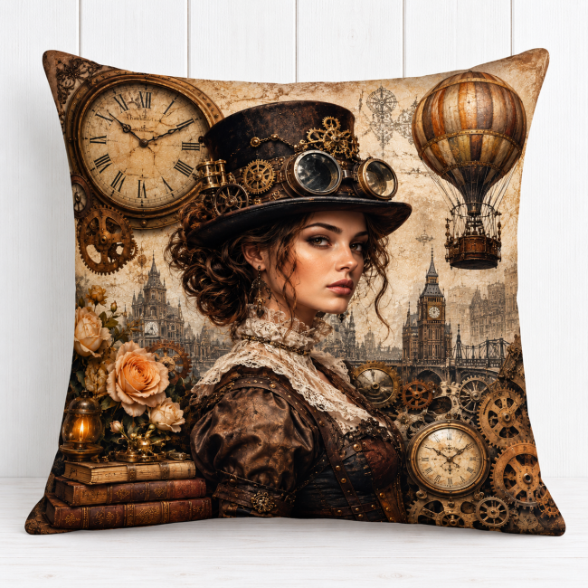 Housse de coussin Univers Steampunk en velours imprimé 45x45 cm, confectionnée à Gérardmer