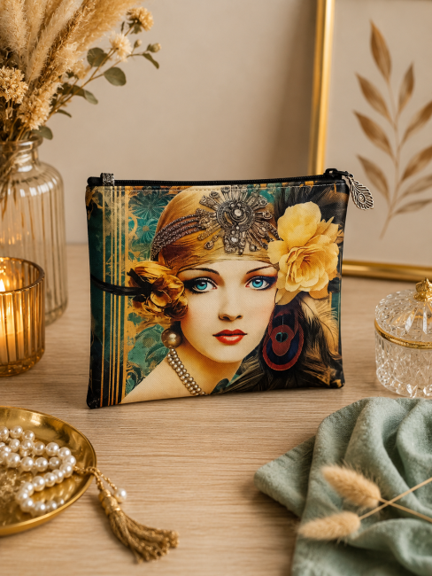 Trousse multi-usage, femme des années 20 | Les Cabas en folie Trousse multi-usage femme des années 20 présentée dans une mise en scène élégante