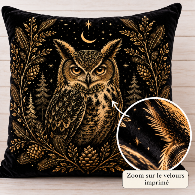 Housse de coussin Hibou de montagne en velours 45x45 cm | Déco Montagne Zoom sur le velours imprimé de la housse de coussin hibou de montagne