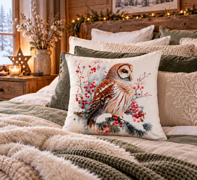 Housse de coussin Chouette et Baies Rouges en velours | Déco Montagne & chalet Housse de coussin Chouette et Baies Rouges en velours, mise en scène déco sur un lit dans une chambre hivernale aux tons crème et bleus.