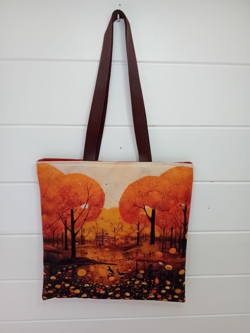 Tote bag Paysage d’Automne aux teintes orangées et dorées, confection textile dans les Vosges