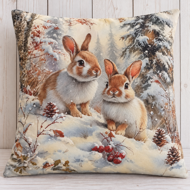 Housse Coussin Lapins de la Forêt Velours 45x45 | Déco Chalet & montagne Housse de coussin Lapins de la Forêt en velours 45x45, deux lapins dans une forêt enneigée aux tons crème, beige et bruns.