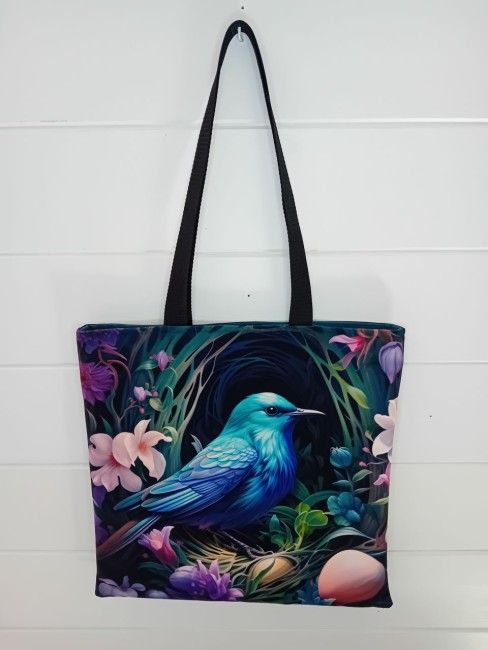 Tote bag Oiseau en velours imprimé avec simili cuir noir et anses noires – Les Cabas en folie