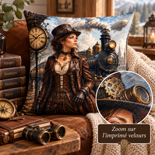 Zoom sur le velours imprimé de la housse de coussin Femme Steampunk  en velours 45x45 cm