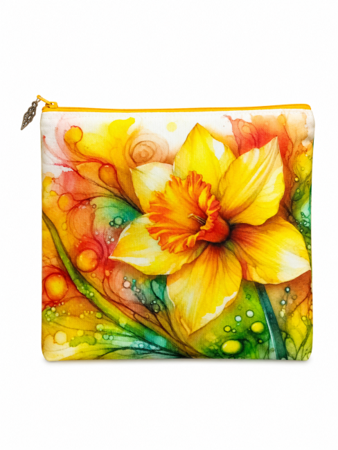 Trousse multi-usage, motif jonquille « Éclat floral » – Confectionnée à Gérardmer | Les Cabas en folie Trousse multi-usage motif jonquille jaune et orange aux couleurs lumineuses, création artisanale confectionnée à Gérardmer