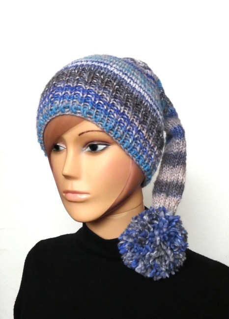 P1020621 Bonnet lutin femme en laine bleu / gris Katia Milrayas
