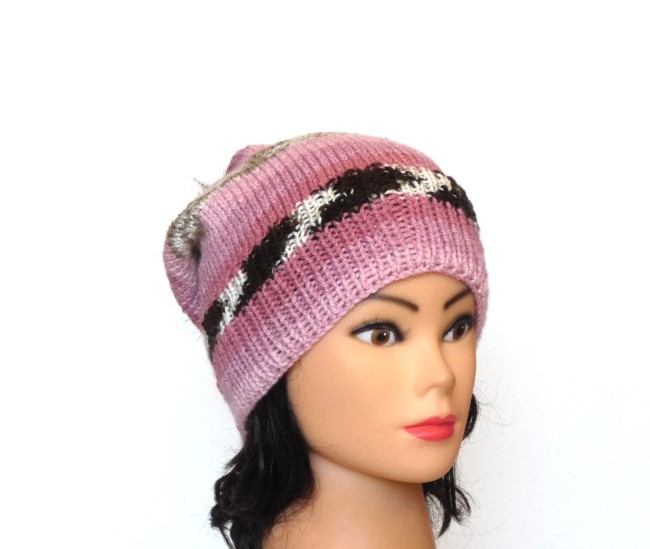 P1010636 Bonnet femme rose / marrron Ice Yearn tricoté main