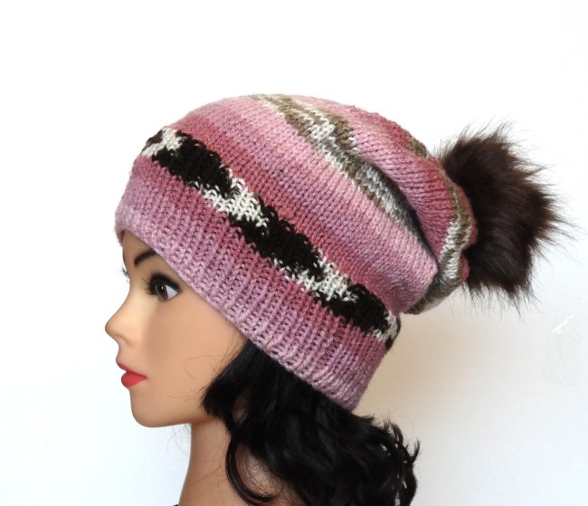 P1010635 Bonnet femme rose / marrron Ice Yearn tricoté main