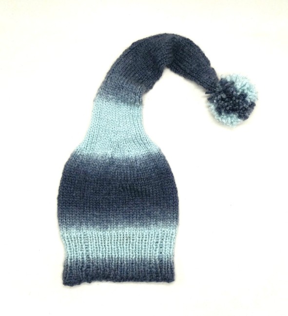 Bonnet lutin pour femme bleu clair et bleu avec pompon 