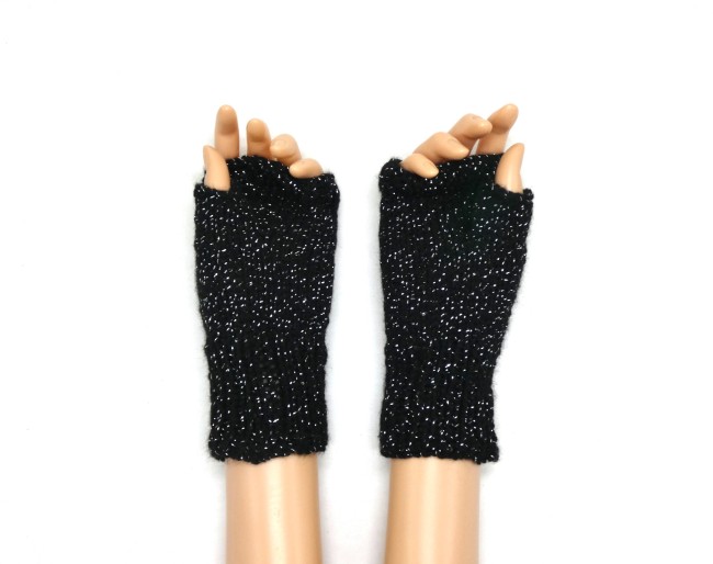 Mitaines femme noire pailletée argenté