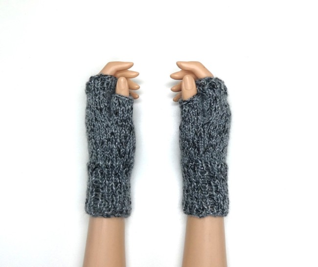 Mitaines pour femme gris / noir  argenté avec pouce en laine Bergère de France éclair