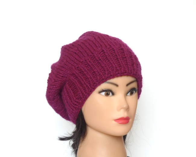 Béret femme violet tricoté main