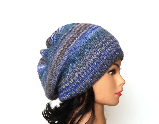 P1020578 Beret femme laine Milrayas bleu / gris tricot main