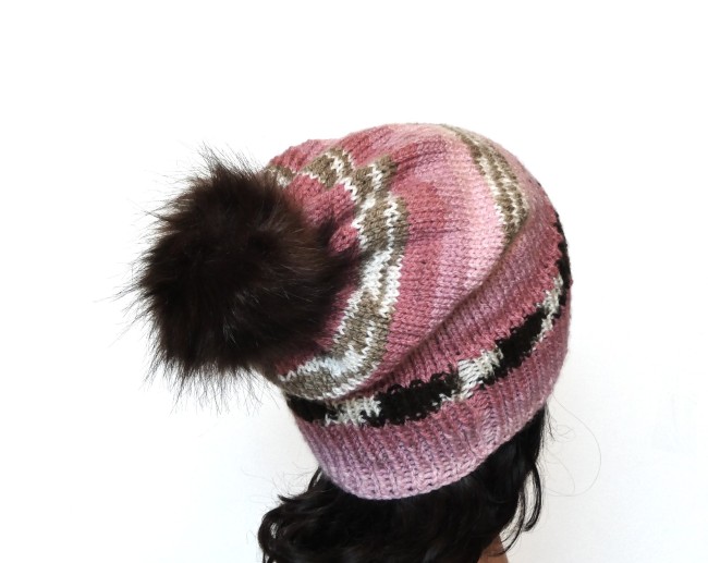 P1010638 Bonnet femme rose / marrron Ice Yearn tricoté main