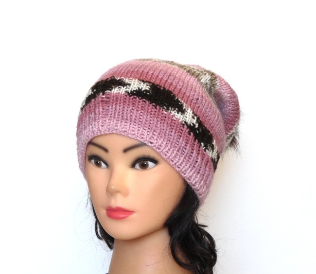 P1010634 Bonnet femme rose / marrron Ice Yearn tricoté main