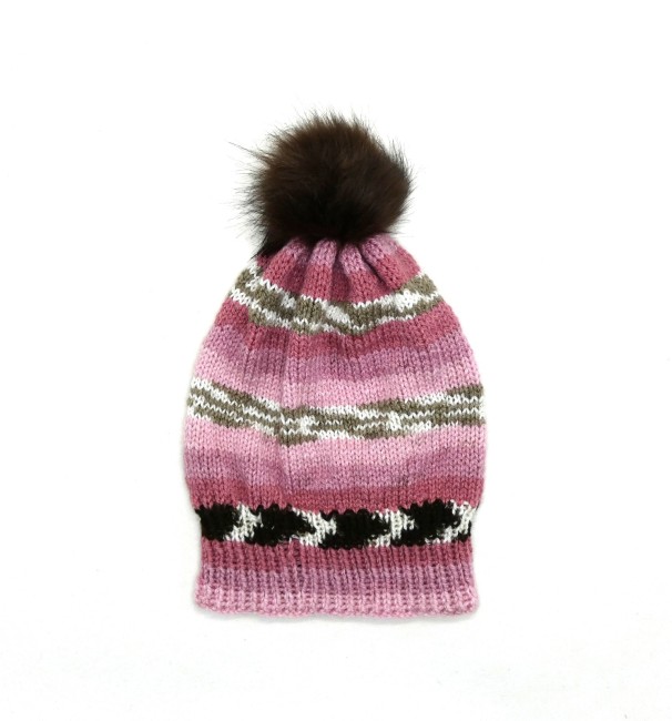 P1010632 Bonnet femme rose / marrron Ice Yearn tricoté main