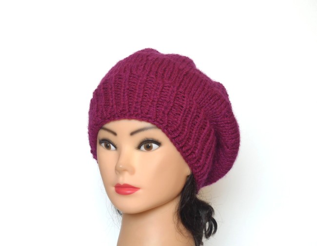 Béret femme violet tricoté main