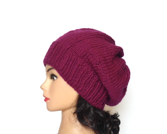 Béret femme violet tricoté main