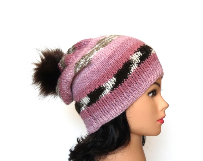 P1010637 Bonnet femme rose / marrron Ice Yearn tricoté main