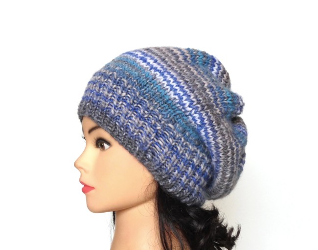 P1020576 Beret femme laine Milrayas bleu / gris tricot main